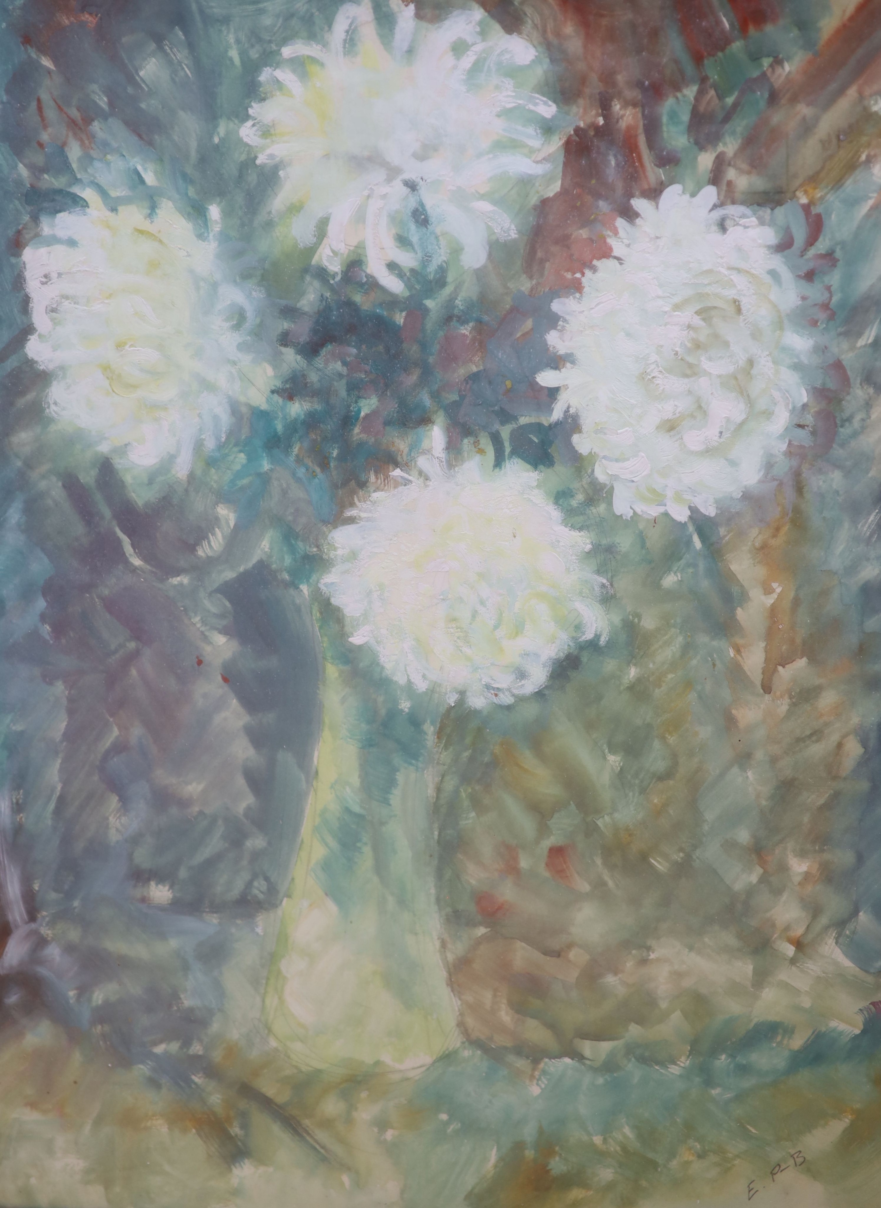 E.P-B, oil and watercolour on paper, Still life of chrysanthemums in a vase, initialled, 56 x 42cm. Austrian State Museum stamp.